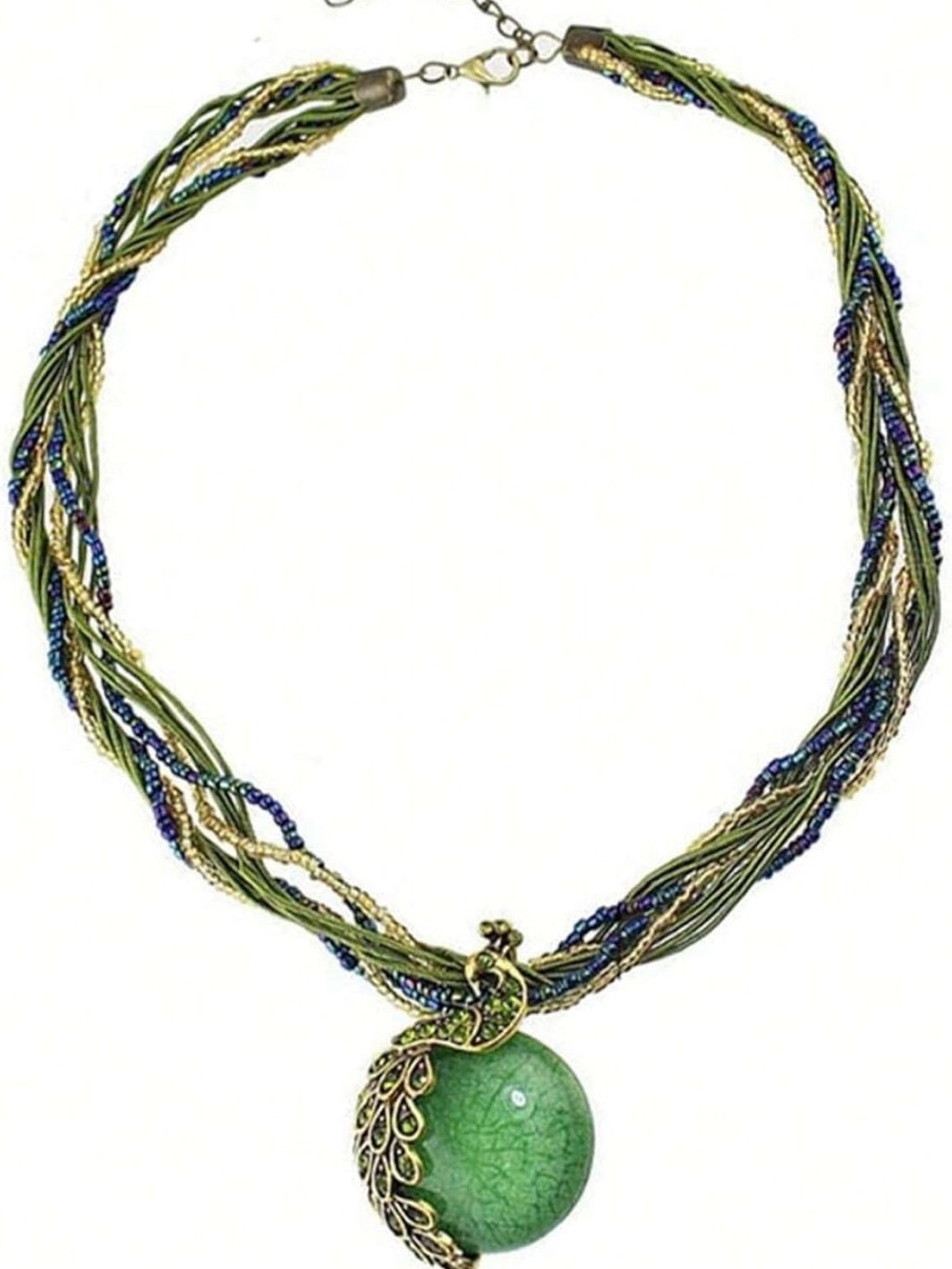 Boho Chic Peacock Gemstone Cabochon Pendant Necklace